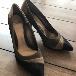 Sofft brand suede heels in black, taupe and brown